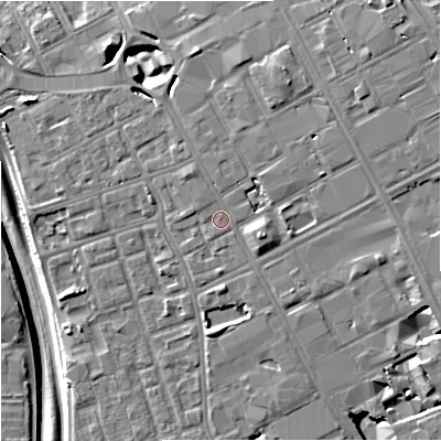 Shaded relief map of the ground around M156AD, computed from Environment Agency LiDAR. The ground here sits at about 36 m above sea level and falls 11 m across the surrounding 800 m. Surface water reaching this point runs off ground lying to the east-south-east, 4.2 m higher.