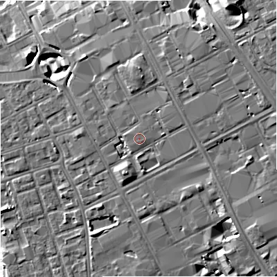 Shaded relief map of the ground around M156BR, computed from Environment Agency LiDAR. The ground here sits at about 37 m above sea level and falls 13 m across the surrounding 800 m. The ground contributing surface water to this point lies to the north-east.
