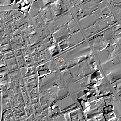 Shaded relief map of the ground around M156ED, computed from Environment Agency LiDAR. The ground here sits at about 37 m above sea level and falls 8 m across the surrounding 800 m. Surface water reaching this point runs off ground lying to the east, 1.9 m higher.