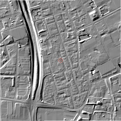 Shaded relief map of the ground around M156EL, computed from Environment Agency LiDAR. The ground here sits at about 35 m above sea level and falls 11 m across the surrounding 800 m. Surface water reaching this point runs off ground lying to the north-east, 1.6 m higher.