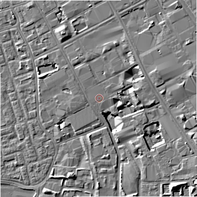 Shaded relief map of the ground around M156FH, computed from Environment Agency LiDAR. The ground here sits at about 36 m above sea level and falls 9 m across the surrounding 800 m. Surface water reaching this point runs off ground lying to the east-north-east, 0.8 m higher.