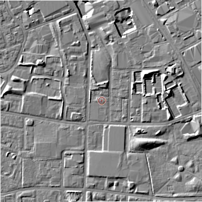 Shaded relief map of the ground around M156GF, computed from Environment Agency LiDAR. The ground here sits at about 36 m above sea level and falls 9 m across the surrounding 800 m. Surface water reaching this point runs off ground lying to the north-north-east, 2.2 m higher.