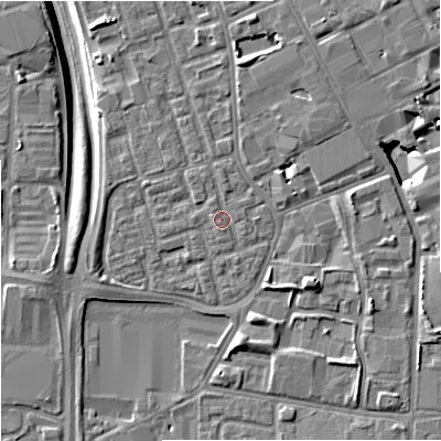 Shaded relief map of the ground around M156HD, computed from Environment Agency LiDAR. The ground here sits at about 35 m above sea level and falls 9 m across the surrounding 800 m. Surface water reaching this point runs off ground lying to the north, 0.8 m higher.