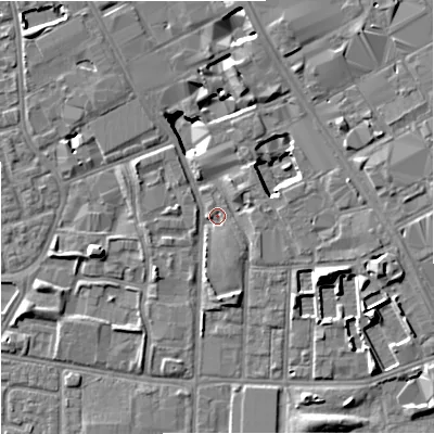 Shaded relief map of the ground around M156HS, computed from Environment Agency LiDAR. The ground here sits at about 36 m above sea level and falls 9 m across the surrounding 800 m. Surface water reaching this point runs off ground lying to the north-east, 7.4 m higher.