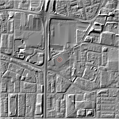 Shaded relief map of the ground around M156LD, computed from Environment Agency LiDAR. The ground here sits at about 33 m above sea level and falls 8 m across the surrounding 800 m. The ground contributing surface water to this point lies to the north.