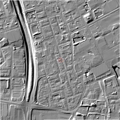 Shaded relief map of the ground around M156LE, computed from Environment Agency LiDAR. The ground here sits at about 35 m above sea level and falls 11 m across the surrounding 800 m. Surface water reaching this point runs off ground lying to the north-north-east, 1.6 m higher.