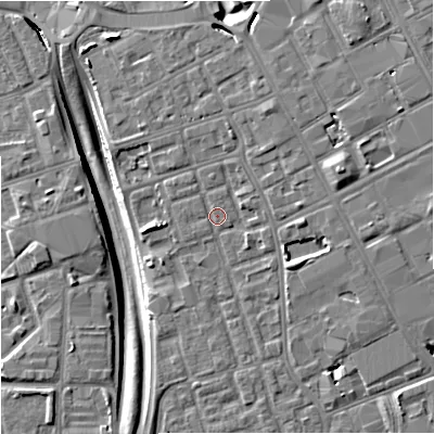 Shaded relief map of the ground around M156LF, computed from Environment Agency LiDAR. The ground here sits at about 35 m above sea level and falls 11 m across the surrounding 800 m. Surface water reaching this point runs off ground lying to the north-north-west, 0.6 m higher.