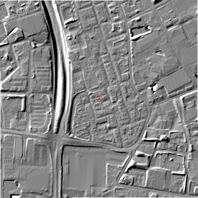 Shaded relief map of the ground around M156NN, computed from Environment Agency LiDAR. The ground here sits at about 35 m above sea level and falls 10 m across the surrounding 800 m. Surface water reaching this point runs off ground lying to the north-east, 1.5 m higher.