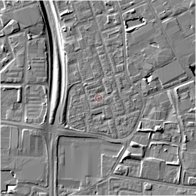 Shaded relief map of the ground around M156NR, computed from Environment Agency LiDAR. The ground here sits at about 35 m above sea level and falls 9 m across the surrounding 800 m. Surface water reaching this point runs off ground lying to the north-north-east, 1.5 m higher.