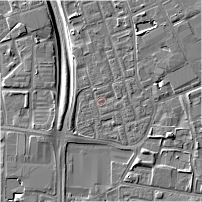 Shaded relief map of the ground around M156NT, computed from Environment Agency LiDAR. The ground here sits at about 35 m above sea level and falls 9 m across the surrounding 800 m. Surface water reaching this point runs off ground lying to the north-north-east, 2.0 m higher.