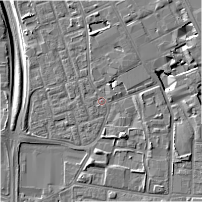 Shaded relief map of the ground around M156NU, computed from Environment Agency LiDAR. The ground here sits at about 35 m above sea level and falls 10 m across the surrounding 800 m. Surface water reaching this point runs off ground lying to the north, 4.2 m higher.