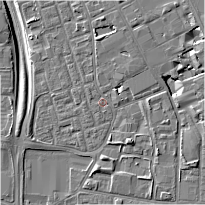 Shaded relief map of the ground around M156NW, computed from Environment Agency LiDAR. The ground here sits at about 35 m above sea level and falls 10 m across the surrounding 800 m. Surface water reaching this point runs off ground lying to the north, 4.2 m higher.
