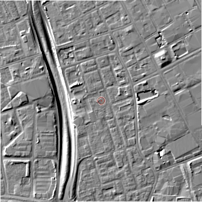 Shaded relief map of the ground around M156PA, computed from Environment Agency LiDAR. The ground here sits at about 35 m above sea level and falls 11 m across the surrounding 800 m. Surface water reaching this point runs off ground lying to the north-north-east, 2.3 m higher.