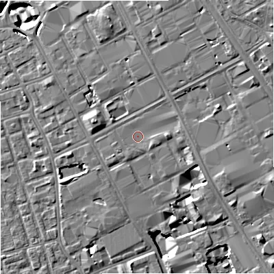 Shaded relief map of the ground around M156PB, computed from Environment Agency LiDAR. The ground here sits at about 37 m above sea level and falls 9 m across the surrounding 800 m. Surface water reaching this point runs off ground lying to the east-south-east, 1.9 m higher.
