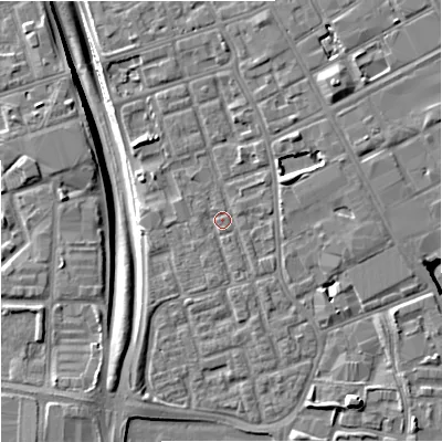 Shaded relief map of the ground around M156PJ, computed from Environment Agency LiDAR. The ground here sits at about 35 m above sea level and falls 11 m across the surrounding 800 m. Surface water reaching this point runs off ground lying to the north-east, 1.6 m higher.