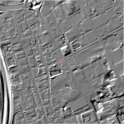 Shaded relief map of the ground around M156PQ, computed from Environment Agency LiDAR. The ground here sits at about 36 m above sea level and falls 11 m across the surrounding 800 m. Surface water reaching this point runs off ground lying to the east, 2.2 m higher.