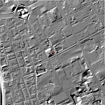 Shaded relief map of the ground around M156PY, computed from Environment Agency LiDAR. The ground here sits at about 38 m above sea level and falls 9 m across the surrounding 800 m. Surface water reaching this point runs off ground lying to the north-east, 1.5 m higher.