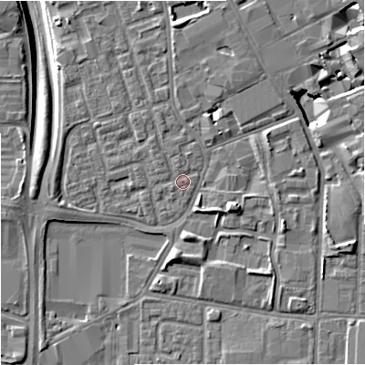 Shaded relief map of the ground around M156QL, computed from Environment Agency LiDAR. The ground here sits at about 35 m above sea level and falls 10 m across the surrounding 800 m. Surface water reaching this point runs off ground lying to the north-north-west, 0.8 m higher.