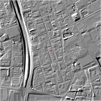 Shaded relief map of the ground around M156RP, computed from Environment Agency LiDAR. The ground here sits at about 35 m above sea level and falls 11 m across the surrounding 800 m. Surface water reaching this point runs off ground lying to the north-east, 1.6 m higher.
