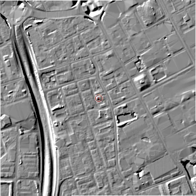 Shaded relief map of the ground around M156TB, computed from Environment Agency LiDAR. The ground here sits at about 36 m above sea level and falls 11 m across the surrounding 800 m. Surface water reaching this point runs off ground lying to the north-north-east, 2.3 m higher.