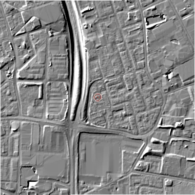 Shaded relief map of the ground around M156WH, computed from Environment Agency LiDAR. The ground here sits at about 34 m above sea level and falls 9 m across the surrounding 800 m. Surface water reaching this point runs off ground lying to the north-north-east, 2.1 m higher.