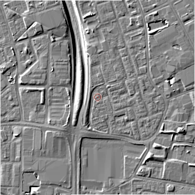 Shaded relief map of the ground around M156WJ, computed from Environment Agency LiDAR. The ground here sits at about 35 m above sea level and falls 9 m across the surrounding 800 m. Surface water reaching this point runs off ground lying to the north-east, 2.1 m higher.