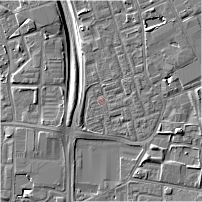 Shaded relief map of the ground around M156WL, computed from Environment Agency LiDAR. The ground here sits at about 34 m above sea level and falls 9 m across the surrounding 800 m. Surface water reaching this point runs off ground lying to the north-north-east, 2.1 m higher.