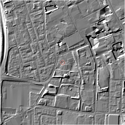 Shaded relief map of the ground around M156WP, computed from Environment Agency LiDAR. The ground here sits at about 35 m above sea level and falls 10 m across the surrounding 800 m. Surface water reaching this point runs off ground lying to the south-east, 0.9 m higher.