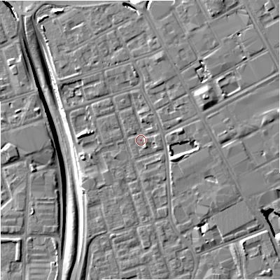 Shaded relief map of the ground around M156XJ, computed from Environment Agency LiDAR. The ground here sits at about 35 m above sea level and falls 11 m across the surrounding 800 m. Surface water reaching this point runs off ground lying to the north-north-east, 2.3 m higher.