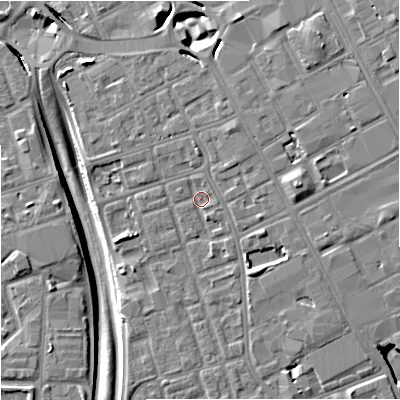 Shaded relief map of the ground around M156XL, computed from Environment Agency LiDAR. The ground here sits at about 35 m above sea level and falls 11 m across the surrounding 800 m. Surface water reaching this point runs off ground lying to the north-north-east, 2.3 m higher.