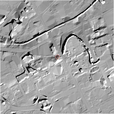 Shaded relief map of the ground around M15AA, computed from Environment Agency LiDAR. The ground here sits at about 31 m above sea level and falls 16 m across the surrounding 800 m. Surface water reaching this point runs off ground lying to the north-east, 14.8 m higher.