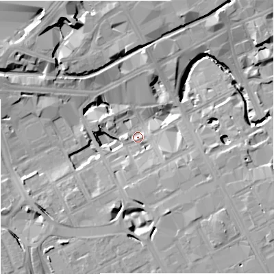 Shaded relief map of the ground around M15AL, computed from Environment Agency LiDAR. The ground here sits at about 31 m above sea level and falls 15 m across the surrounding 800 m. Surface water reaching this point runs off ground lying to the south-east, 9.9 m higher.