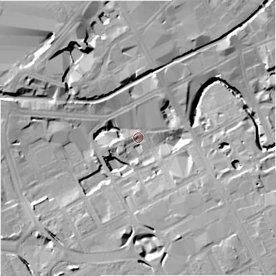 Shaded relief map of the ground around M15BB, computed from Environment Agency LiDAR. The ground here sits at about 31 m above sea level and falls 16 m across the surrounding 800 m. Surface water reaching this point runs off ground lying to the south-east, 13.1 m higher.