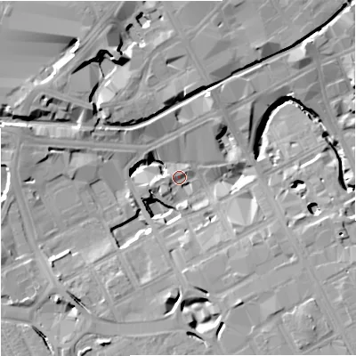 Shaded relief map of the ground around M15BG, computed from Environment Agency LiDAR. The ground here sits at about 31 m above sea level and falls 16 m across the surrounding 800 m. Surface water reaching this point runs off ground lying to the south-east, 13.3 m higher.