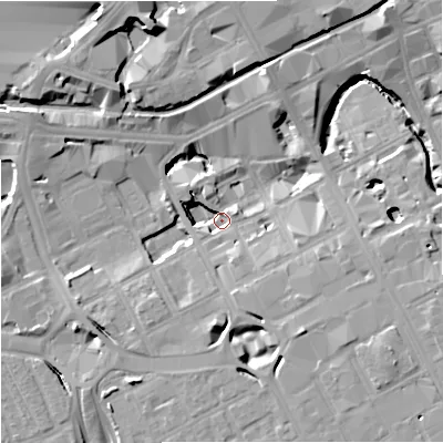 Shaded relief map of the ground around M15BW, computed from Environment Agency LiDAR. The ground here sits at about 28 m above sea level and falls 15 m across the surrounding 800 m. Surface water reaching this point runs off ground lying to the south-east, 13.2 m higher.