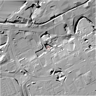 Shaded relief map of the ground around M15BY, computed from Environment Agency LiDAR. The ground here sits at about 26 m above sea level and falls 15 m across the surrounding 800 m. Surface water reaching this point runs off ground lying to the south-east, 13.3 m higher.