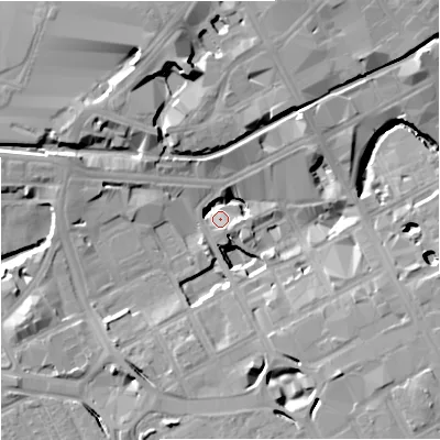 Shaded relief map of the ground around M15GB, computed from Environment Agency LiDAR. The ground here sits at about 30 m above sea level and falls 16 m across the surrounding 800 m. Surface water reaching this point runs off ground lying to the south-east, 13.3 m higher.