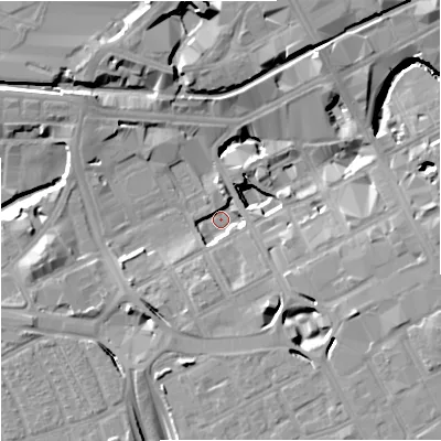 Shaded relief map of the ground around M15GG, computed from Environment Agency LiDAR. The ground here sits at about 29 m above sea level and falls 16 m across the surrounding 800 m. Surface water reaching this point runs off ground lying to the east-south-east, 12.9 m higher.
