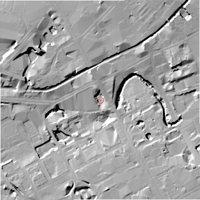 Shaded relief map of the ground around M15NE, computed from Environment Agency LiDAR. The ground here sits at about 31 m above sea level and falls 17 m across the surrounding 800 m. Surface water reaching this point runs off ground lying to the north, 7.1 m higher.