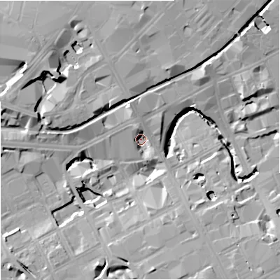 Shaded relief map of the ground around M15NF, computed from Environment Agency LiDAR. The ground here sits at about 30 m above sea level and falls 17 m across the surrounding 800 m. Surface water reaching this point runs off ground lying to the north-north-west, 7.1 m higher.