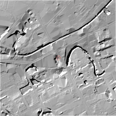 Shaded relief map of the ground around M15NH, computed from Environment Agency LiDAR. The ground here sits at about 32 m above sea level and falls 17 m across the surrounding 800 m. Surface water reaching this point runs off ground lying to the north-east, 4.5 m higher.