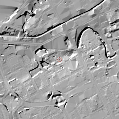 Shaded relief map of the ground around M15NN, computed from Environment Agency LiDAR. The ground here sits at about 30 m above sea level and falls 15 m across the surrounding 800 m. Surface water reaching this point runs off ground lying to the south-east, 13.2 m higher.