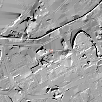 Shaded relief map of the ground around M15NP, computed from Environment Agency LiDAR. The ground here sits at about 31 m above sea level and falls 16 m across the surrounding 800 m. Surface water reaching this point runs off ground lying to the south-east, 13.1 m higher.