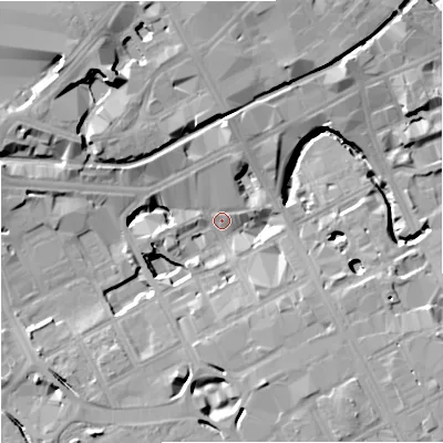 Shaded relief map of the ground around M15NR, computed from Environment Agency LiDAR. The ground here sits at about 31 m above sea level and falls 16 m across the surrounding 800 m. Surface water reaching this point runs off ground lying to the south-east, 13.1 m higher.