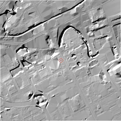 Shaded relief map of the ground around M15QA, computed from Environment Agency LiDAR. The ground here sits at about 34 m above sea level and falls 16 m across the surrounding 800 m. Surface water reaching this point runs off ground lying to the south-south-east, 4.9 m higher.