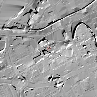 Shaded relief map of the ground around M15TF, computed from Environment Agency LiDAR. The ground here sits at about 32 m above sea level and falls 15 m across the surrounding 800 m. Surface water reaching this point runs off ground lying to the south-east, 13.3 m higher.