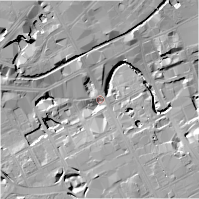 Shaded relief map of the ground around M15WH, computed from Environment Agency LiDAR. The ground here sits at about 32 m above sea level and falls 16 m across the surrounding 800 m. Surface water reaching this point runs off ground lying to the north-east, 14.8 m higher.