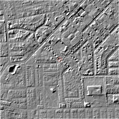 Shaded relief map of the ground around M160AA, computed from Environment Agency LiDAR. The ground here sits at about 29 m above sea level and falls 5 m across the surrounding 800 m. Surface water reaching this point runs off ground lying to the north-east, 3.7 m higher.
