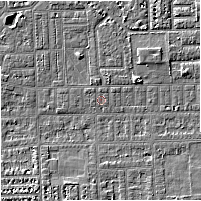 Shaded relief map of the ground around M160AJ, computed from Environment Agency LiDAR. The ground here sits at about 29 m above sea level and falls 5 m across the surrounding 800 m. Surface water reaching this point runs off ground lying to the north, 0.8 m higher.