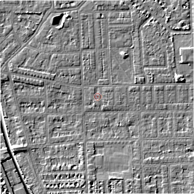 Shaded relief map of the ground around M160AP, computed from Environment Agency LiDAR. The ground here sits at about 28 m above sea level and falls 7 m across the surrounding 800 m. Surface water reaching this point runs off ground lying to the east-north-east, 0.7 m higher.